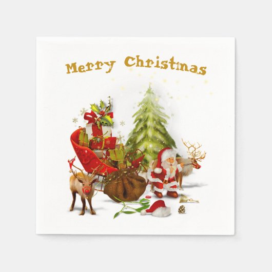 Serviette En Papier Santa Clause avec sa Sleigh et ses Reindeers (Devant)