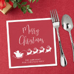 Serviette En Papier Santas Sleigh Red Christmas Party<br><div class="desc">Serviettes rouges et blanches de saison pour vos fêtes de Noël et décor de table avec une silhouette de rennes volant Père Noël en traîneau à travers l'air,  "Joyeux Noël" dans un script moderne et votre nom ou événement en simple typographie.</div>