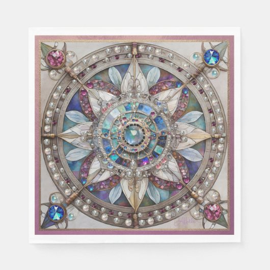 Serviette En Papier Saphirs roses et bleus Diamants Perles Mandala (Devant)