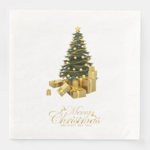 Serviette En Papier Sapin de Noël avec ornements dorés et cadeaux