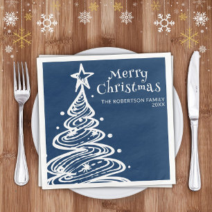 Serviette En Papier Sapin de Noël Blanc Bleu Marine Soirée de Noël