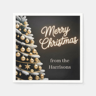 Serviette En Papier Sapin de Noël noir et or avec texte personnalisé