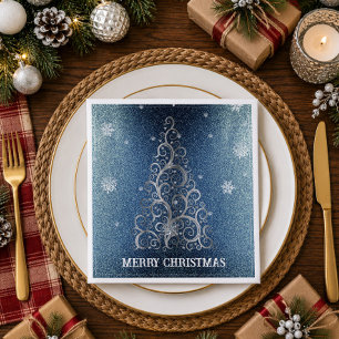 Serviette En Papier Sapin de Noël Paillettes et Flocons   Bleu