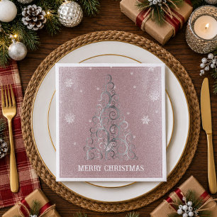 Serviette En Papier Sapin de Noël Paillettes et Flocons   Rose