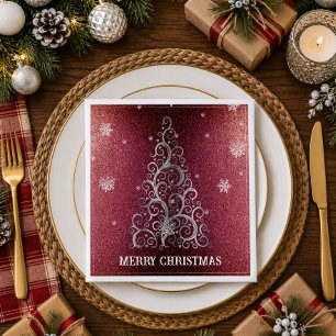 Serviette En Papier Sapin de Noël Paillettes et Flocons   Rouge