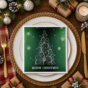 Serviette En Papier Sapin de Noël Paillettes et Flocons Vert
