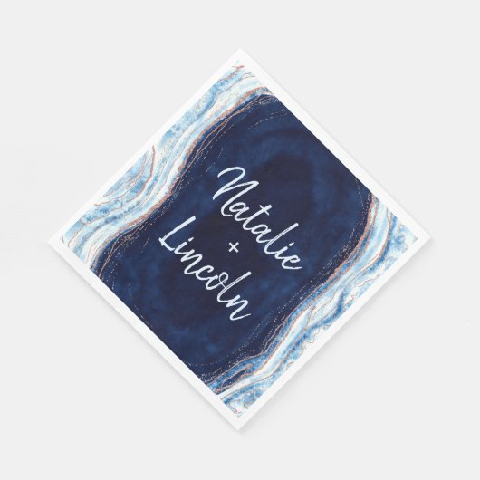Serviette En Papier Sapphire Blue Agate Géode Mariage Monogramme Dîner (Coin)