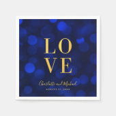 Serviette En Papier Sapphire Blue Bokeh Lights Faux Gold Love (Devant)