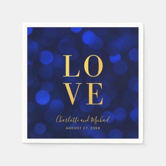 Serviette En Papier Sapphire Blue Bokeh Lights Faux Gold Love (Devant)