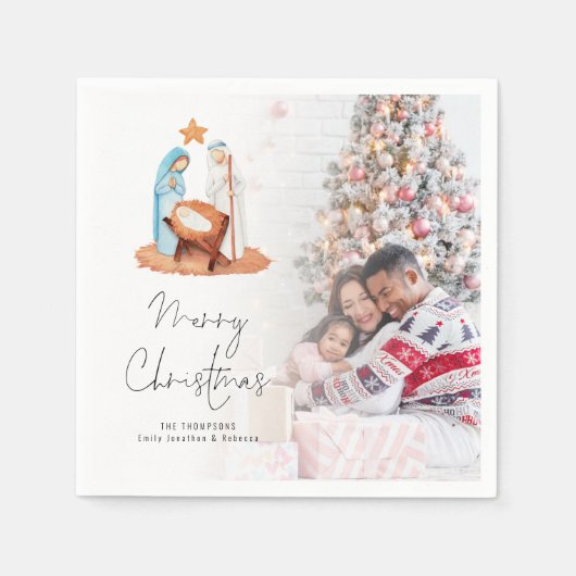 Serviette En Papier Scène de la Nativité Nom photo Script Joyeux Noël (Devant)