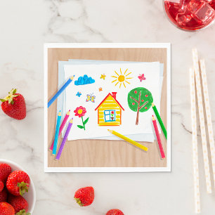 Serviette En Papier Scène de maison dessinée aux crayons de couleur en