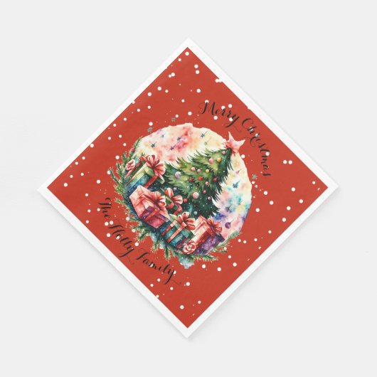 Serviette En Papier Scène de Noël Retro Snowy, Arbre, Cadeaux, (Coin)
