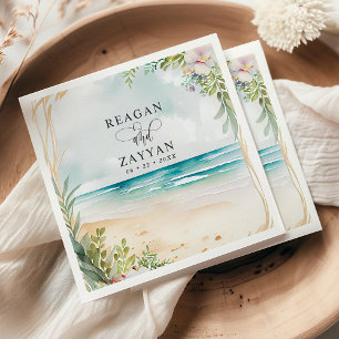 Serviette En Papier Scène de plage à l'aquarelle florale pour mariage