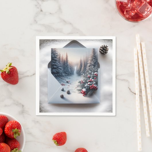Serviette En Papier Scène forestière d'hiver dans une enveloppe (En situation)