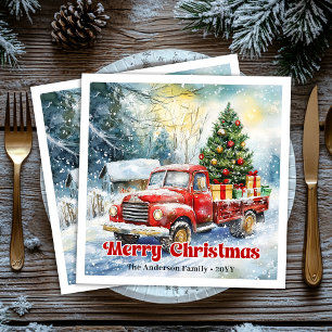 Serviette En Papier Scène hivernale de camion rouge vintage sur une se
