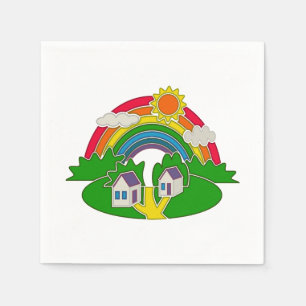 Serviette En Papier Scène rurale avec arc-en-ciel et maison de campagn