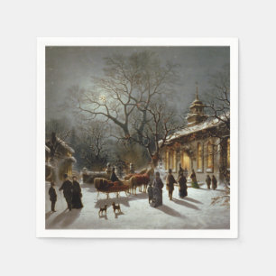 Serviette En Papier Scène vintage d'église de réveillon de Noël