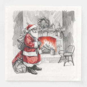 Serviette En Papier Schéma de Père Noël devant la cheminée