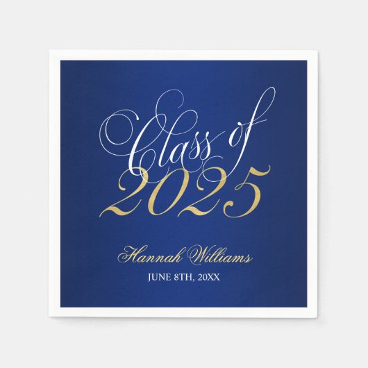 Serviette En Papier Script Blue Gold Classe de 2025 Graduation (Devant)