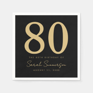 Serviette En Papier Script de fête d'anniversaire 80 ans Noir Or Quatr