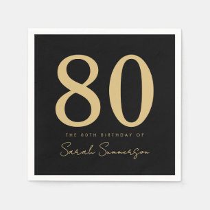 Serviette En Papier Script de fête d'anniversaire 80 ans Noir Or Quatr