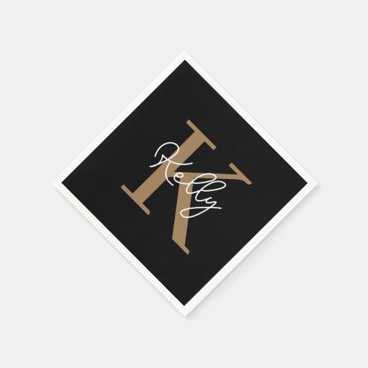 Serviette En Papier Script de monogramme d'or noir moderne (Coin)
