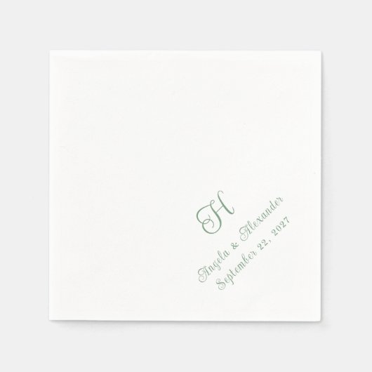 Serviette En Papier Script de monogramme Mariage vert Sage (Devant)