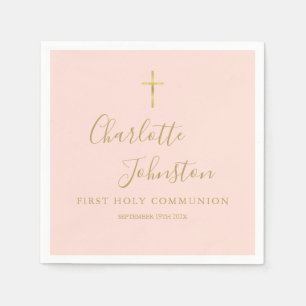 Serviette En Papier Script d'or rose pâle première communion sainte