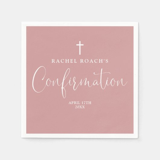 Serviette En Papier Script élégant moderne Dusty Rose Rose Confirmatio (Devant)