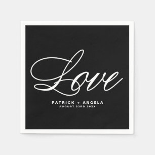 Serviette En Papier Script élégant noir et blanc   Mariage d'amour