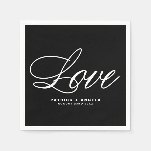 Serviette En Papier Script élégant noir et blanc | Mariage d'amour (Devant)