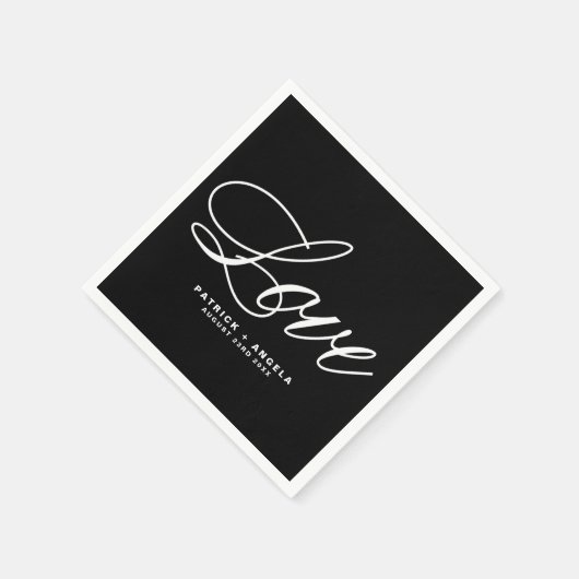 Serviette En Papier Script élégant noir et blanc | Mariage d'amour (Coin)