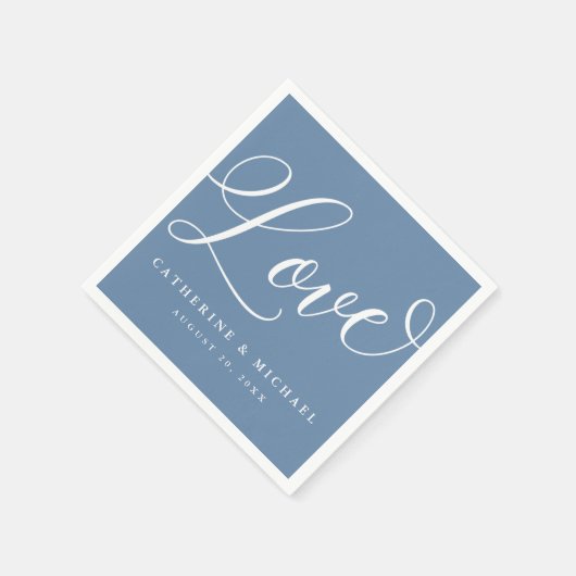 Serviette En Papier Script Floral Moderne, Amour, Bleu Dusty (Coin)