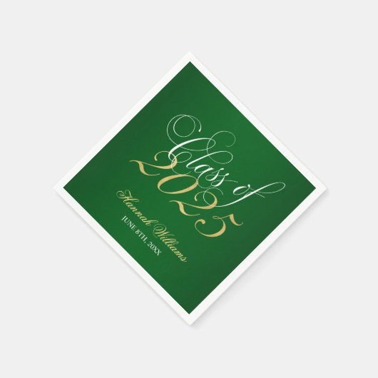 Serviette En Papier Script Green Gold Classe de 2025 Graduation (Coin)