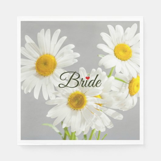 Serviette En Papier Script "Mariée" sur marguerites blanches et jaunes (Devant)