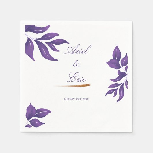Serviette En Papier Script minimal Botanique violet et Mariage d'or (Devant)