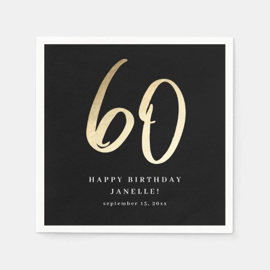 Serviette En Papier Script moderne 60e anniversaire Noir & Or (Devant)