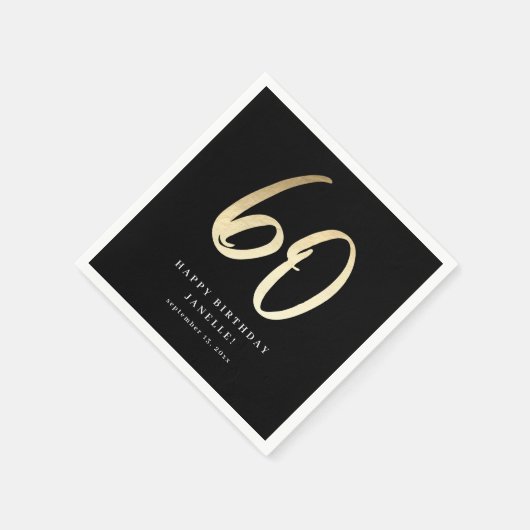 Serviette En Papier Script moderne 60e anniversaire Noir & Or (Coin)