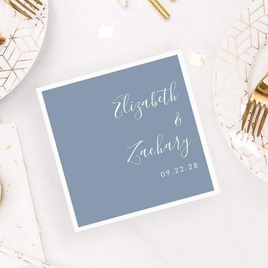 Serviette En Papier Script moderne Dusty Mariage bleu