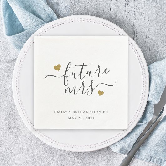 Serviette En Papier Script moderne Gold Hearts Futur Mme Fête des mari