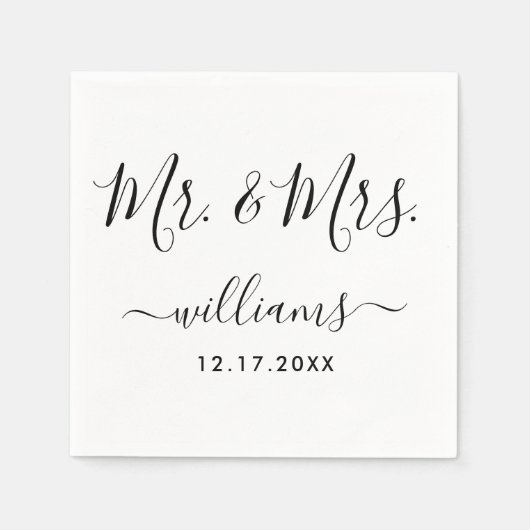 Serviette En Papier Script moderne noir et blanc M. et Mme Mariage (Devant)