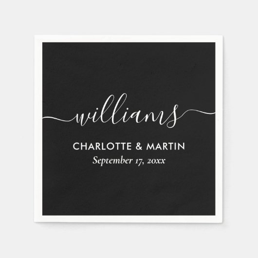 Serviette En Papier Script moderne simple élégant Mariage noir blanc (Devant)