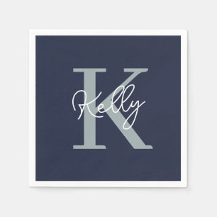 Serviette En Papier Script Monogramme bleu marine moderne
