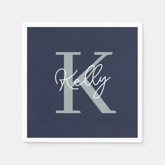 Serviette En Papier Script Monogramme bleu marine moderne (Devant)
