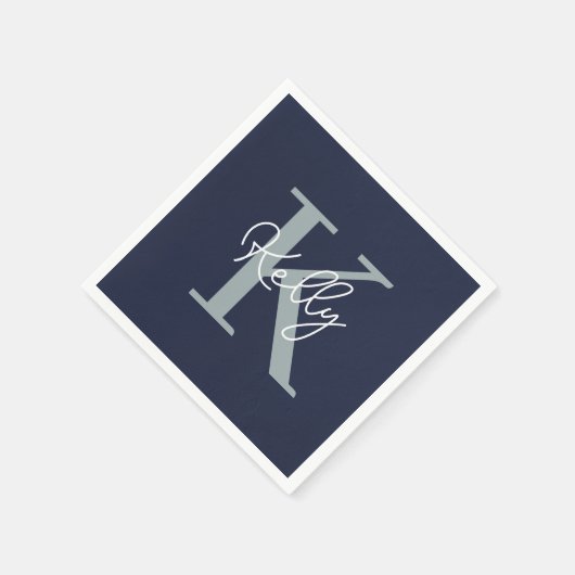 Serviette En Papier Script Monogramme bleu marine moderne (Coin)