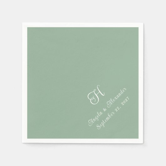 Serviette En Papier Script Monogramme Mariage vert et blanc (Devant)