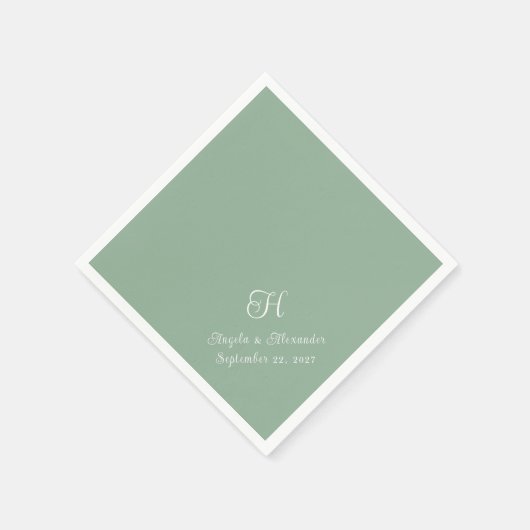 Serviette En Papier Script Monogramme Mariage vert et blanc (Coin)