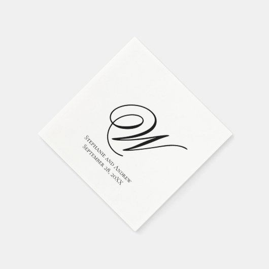 Serviette En Papier Script Monogramme Noir Blanc Élégant Mariage (Coin)