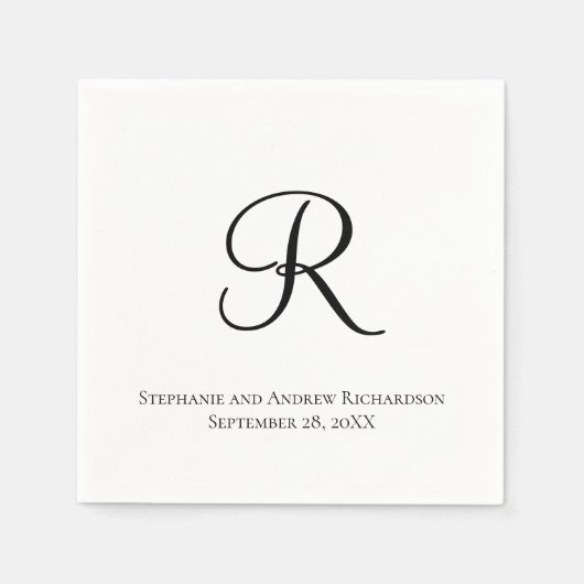 Serviette En Papier Script Monogramme noir blanc élégant mariage servi (Devant)