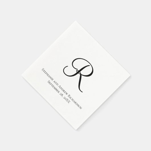 Serviette En Papier Script Monogramme noir blanc élégant mariage servi (Coin)